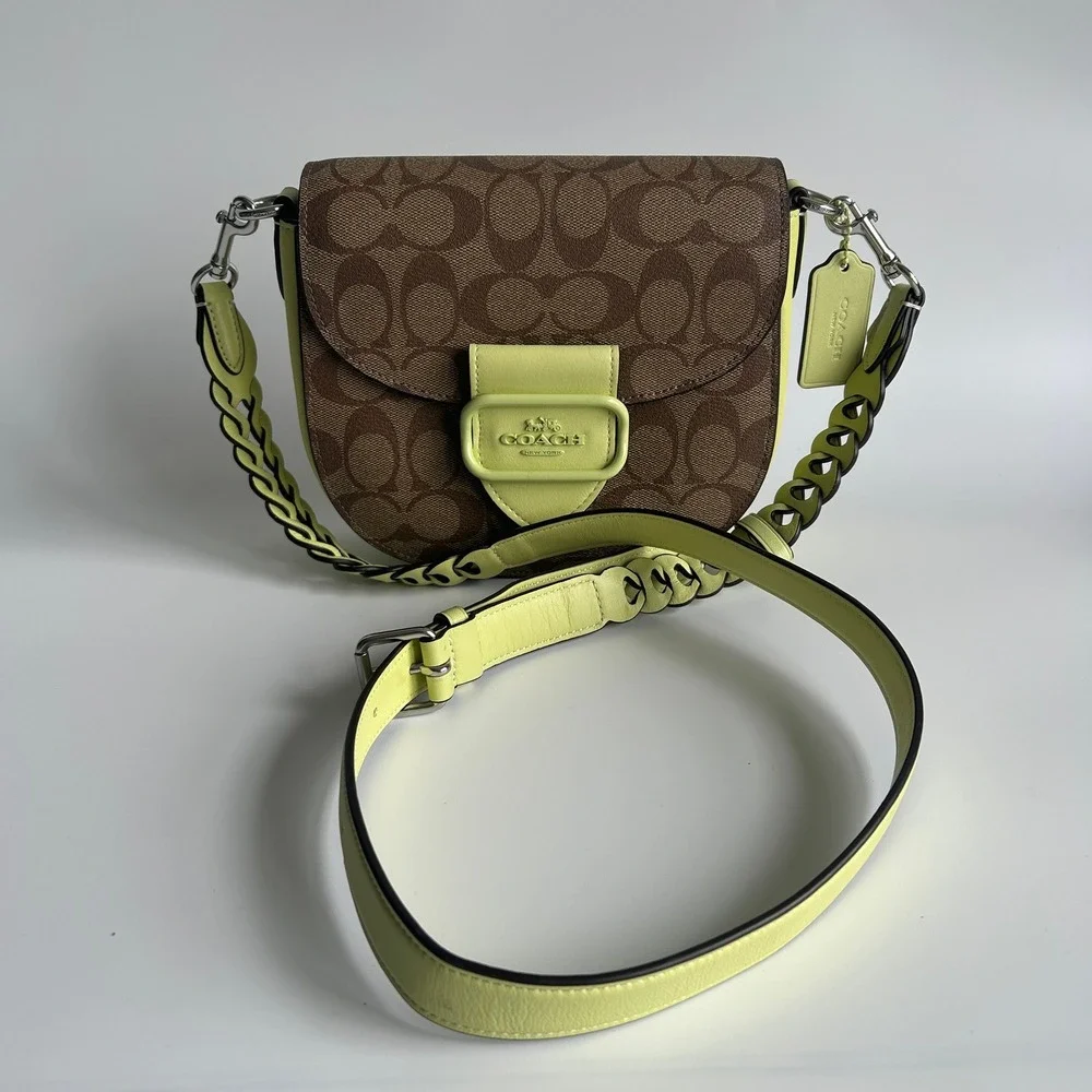 Coach Morgan Saddle Bag Brown Lime Signature Canvas CJ615 Excellent